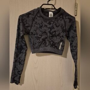 Gymshark Seamless Long Sleeve Crop Top Dark Camo Grey Size S